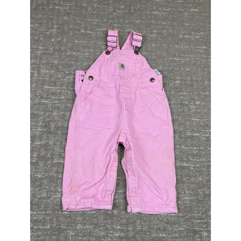 Infant Girls 9 Month Carhartt Pink Flannel Lined Overalls Bib Denim Adjustable